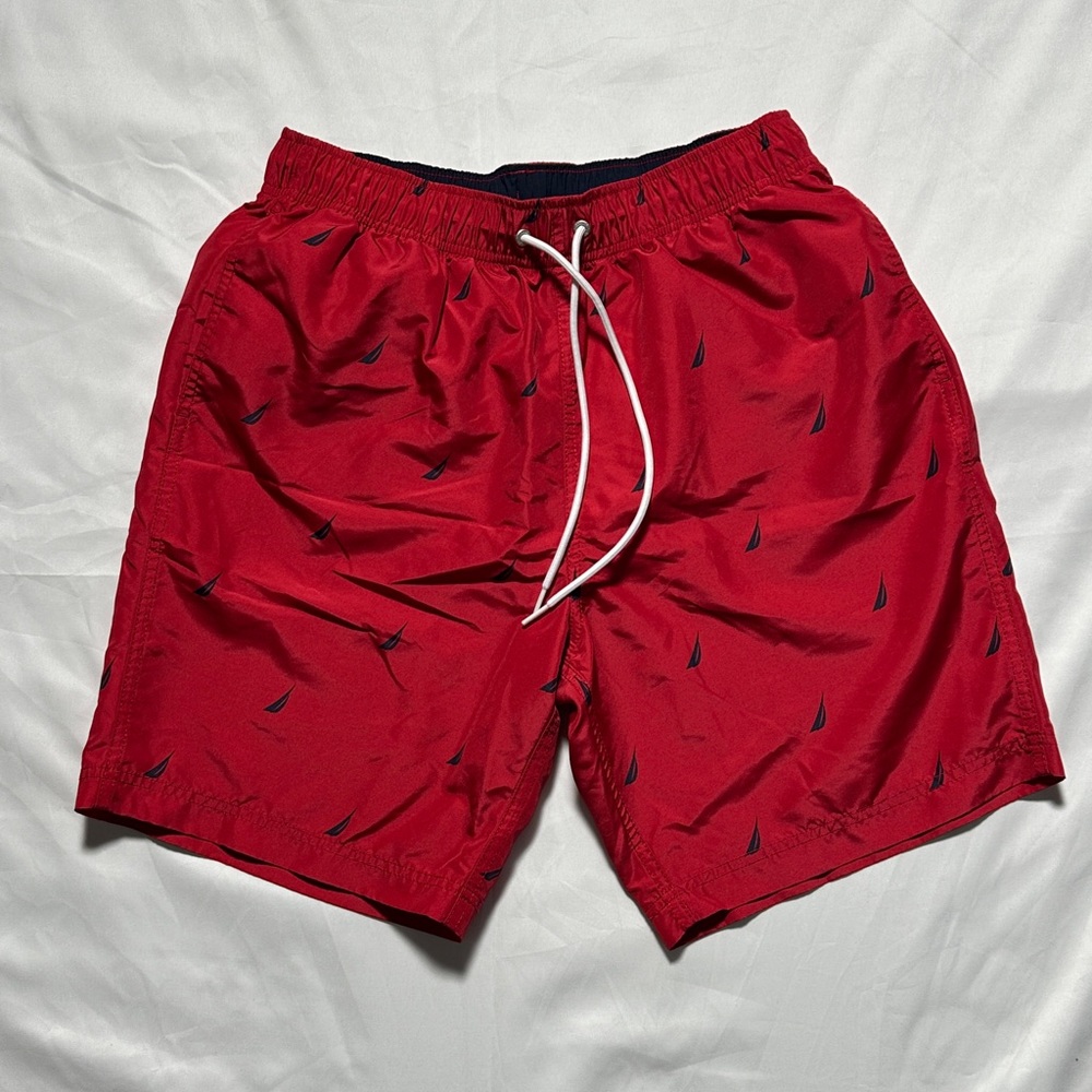Nautica Red Swim Trunks with Sailboat Design
